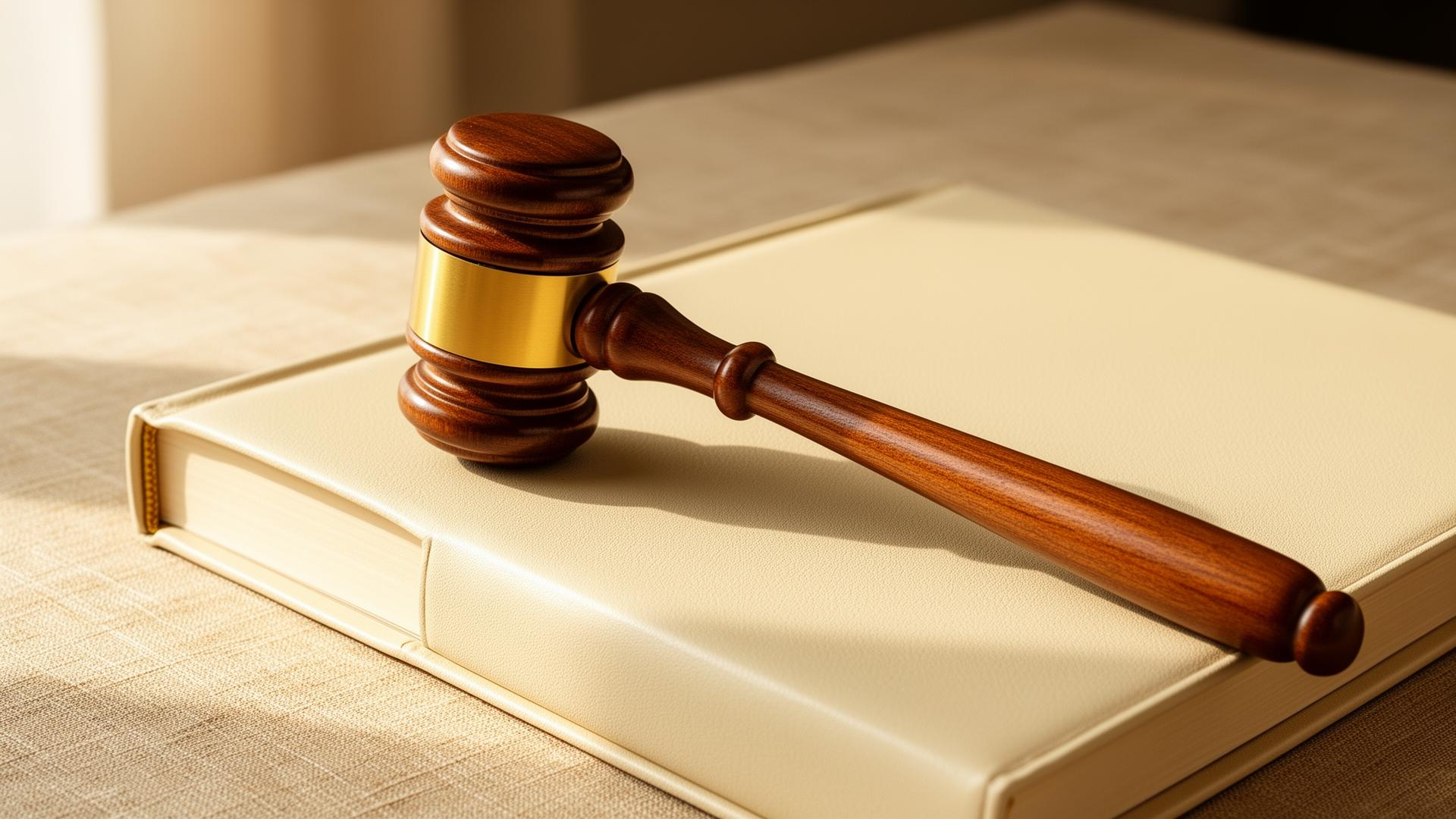 Refined auctioneer's gavel resting on a leather folio --- a curated, premium process